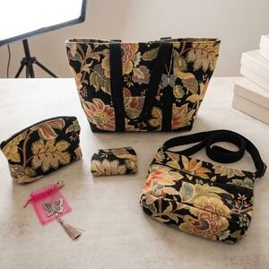 Floral Tapestry Black Tote and Crossbody Bag Set
